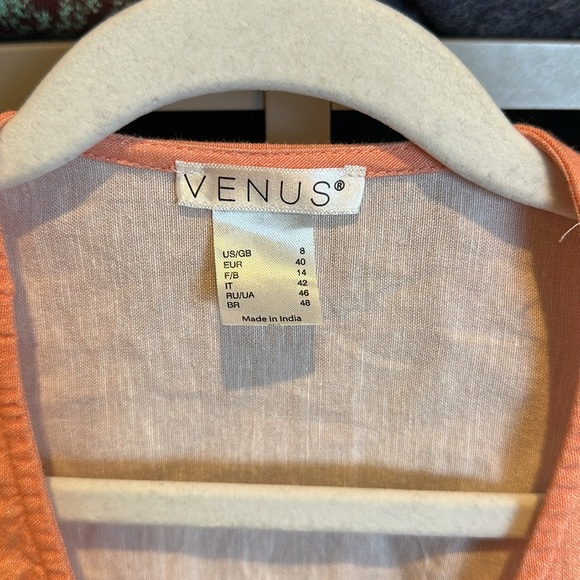 Venus coral/blue print cotton/viscose long balloon sleeve v neck top size 8 - Picture 2 of 3